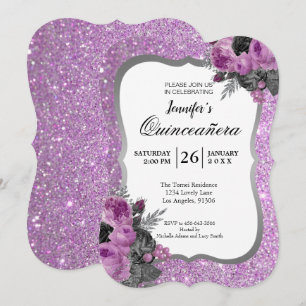 Glitter Paarse Bloemige Quinceanera Uitnodiging