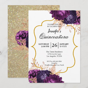 Glitter Paarse Bloemige Quinceanera Uitnodiging