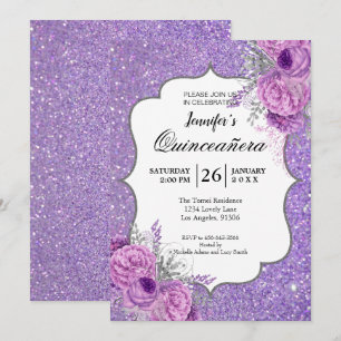 Glitter Paarse Bloemige Quinceanera Uitnodiging
