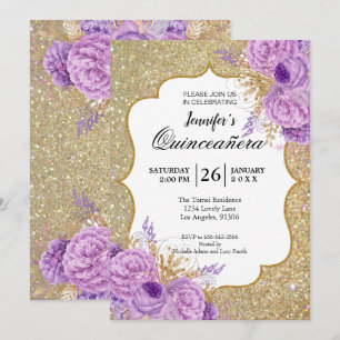 Glitter Paarse Bloemige Quinceanera Uitnodiging