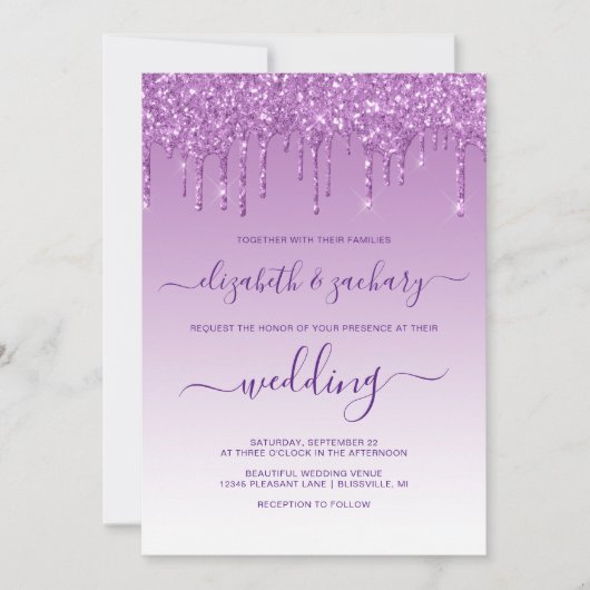 Glitter Paarse bruiloft met chic Dripping Kaart (Voorkant)