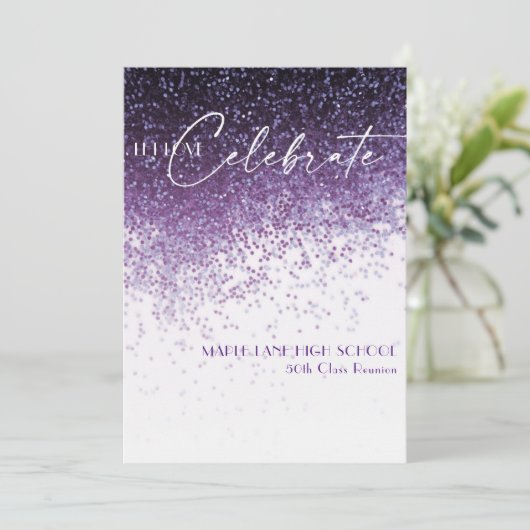Glitter Paarse Confetti ELK JAAR Klasse Reünie Kaart (Staand voorkant)