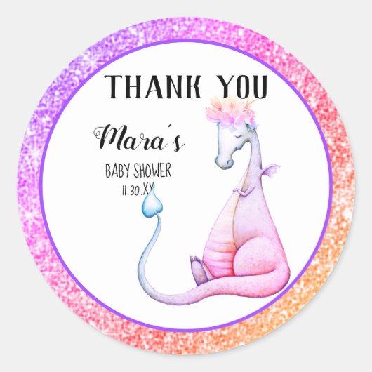 *~* Glitter Paarse Dragon Baby Meisje Dank je Ronde Sticker (Voorkant)
