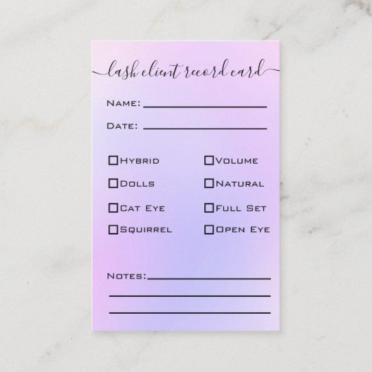 Glitter Paarse Eyelash Extension Client Record Bu Visitekaartje (Achterkant)