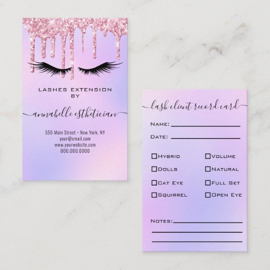 Glitter Paarse Eyelash Extension Client Record Bu Visitekaartje (Voorkant / Achterkant)