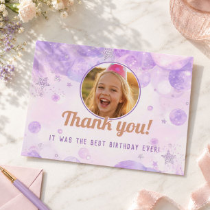 Glitter Paarse Foto Meisjes Verjaardagsfeestje Briefkaart