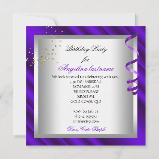 Glitter Paarse Glamor Night Champagne Party Kaart (Achterkant)