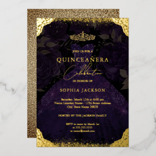 Glitter Paarse Gouden Jurk Tiara Quinceanera Folie Uitnodiging