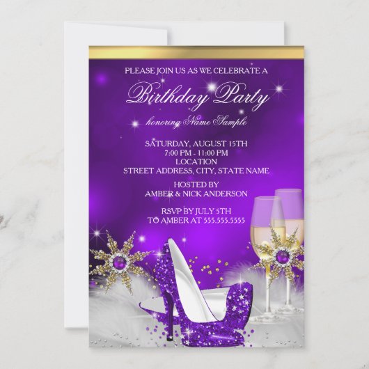 Glitter Paarse hiel-hoezen Gold Champagne Kaart (Voorkant)