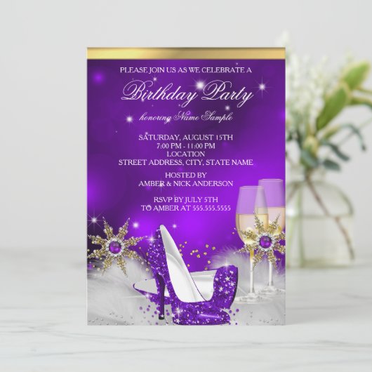 Glitter Paarse hiel-hoezen Gold Champagne Kaart (Staand voorkant)