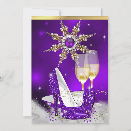 Glitter Paarse hiel-hoezen Gold Champagne Kaart (Achterkant)