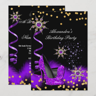 Glitter Paarse Hoge Hak Zwarte Gouden Verjaardagsf Kaart