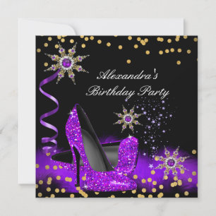 Glitter Paarse Hoge Hak Zwarte Gouden Verjaardagsf Kaart