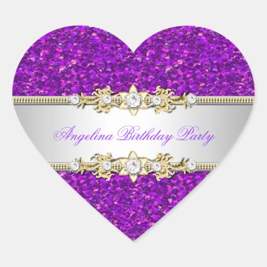 Glitter Paarse Verjaardagsfeestje Gouden Jewel Dia Hart Sticker (Voorkant)