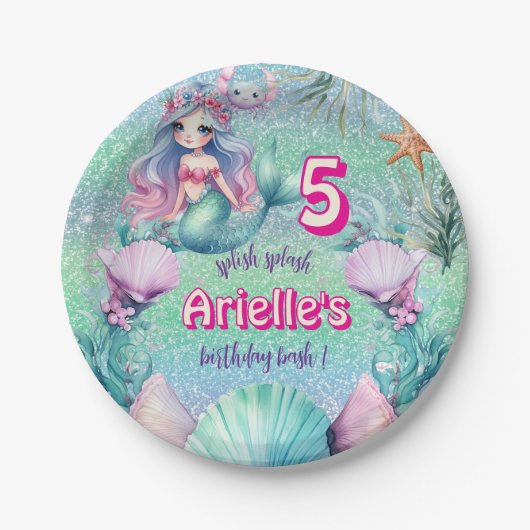 Glitter Paarse zeemeermin verjaardag Papieren Bordje (Voorkant)