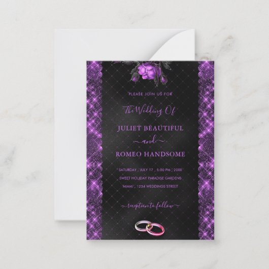 Glitter Paarse zwarte bruiloft uitnodiging Sjabloo (Voorkant)