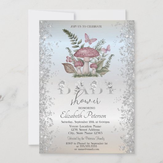 Glitter Paddenstoelen Vlinders Zilver Baby shower Kaart (Voorkant)