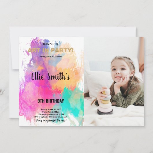 Glitter Paint Verjaardag Uitnodiging met Foto (Voorkant)