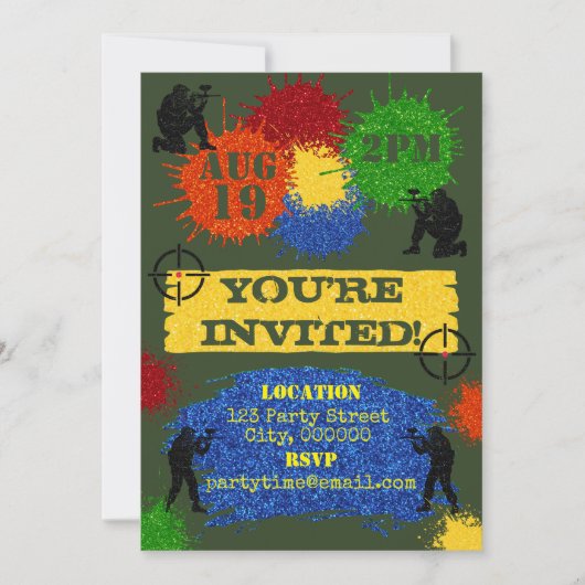 Glitter Paintball Feest Uitnodiging (Voorkant)