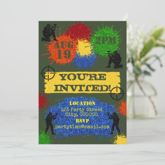 Glitter Paintball Feest Uitnodiging (Staand voorkant)