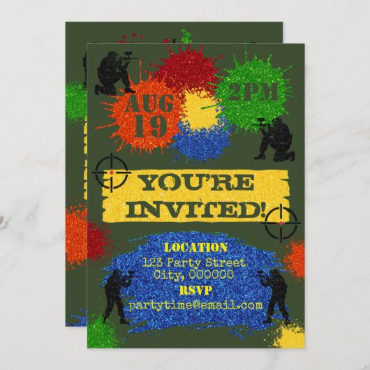 Glitter Paintball Feest Uitnodiging (Voorkant / Achterkant)