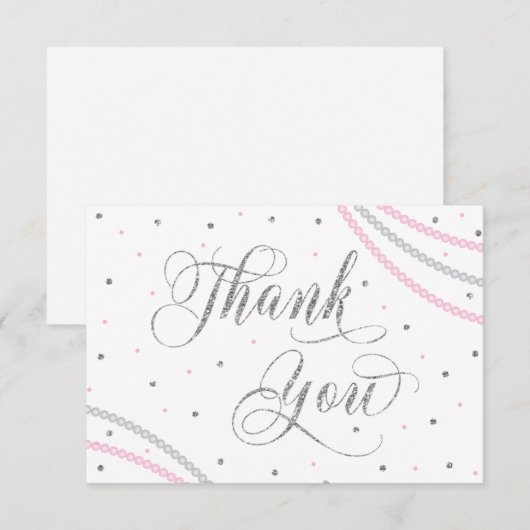 Glitter & Parels Dank u kaart, Roze, Faux zilver Bedankkaart (Voorkant / Achterkant)