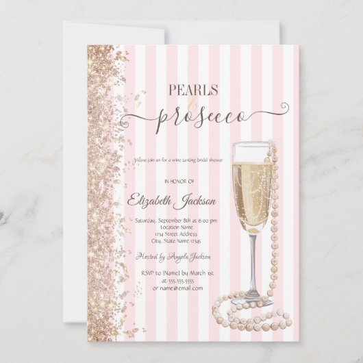 Glitter Parels & Prosecco Roze StreepBruidsdouche Kaart (Voorkant)