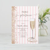 Glitter Parels & Prosecco Roze StreepBruidsdouche Kaart (Staand voorkant)