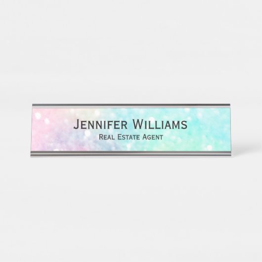 Glitter Pastel Bokeh Girly Colorful Patroon Bureau Naambordje (Voorkant)