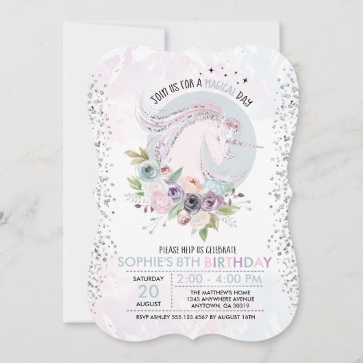 Glitter Pastel Floral Unicorn Birthday Uitnodiging (Voorkant)