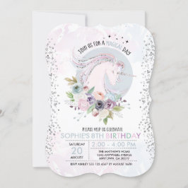 Glitter Pastel Floral Unicorn Birthday Uitnodiging