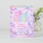 Glitter Pastel Rainbow Space Birthday Party Kaart (Staand voorkant)