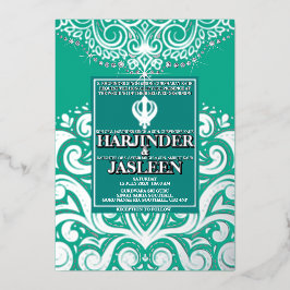 Glitter Pauw Zilveren Sikh Anand Karaj Trouwen Folie Uitnodiging