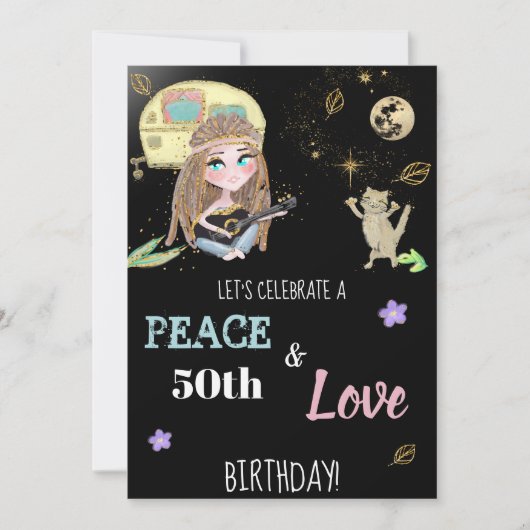 * Glitter Peace & Love Camping Hippie Birthday Kaart (Voorkant)