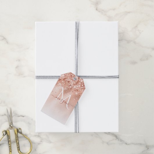 Glitter Peach Roos Gold Monogram Cadeaulabel (Met Touw)