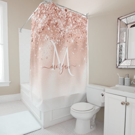 Glitter Peach Roos Gold Monogram Douchegordijn (In situ)