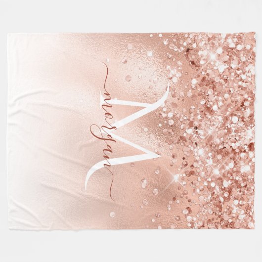 Glitter Peach Roos Gold Monogram Fleece Deken (Voorkant (Horizontaal))