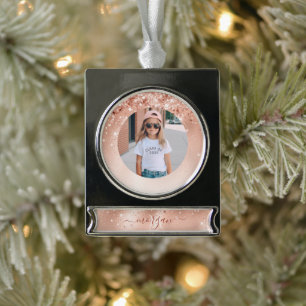 Glitter Peach Roos Gold Monogram Foto Verzilverd Banner Ornament