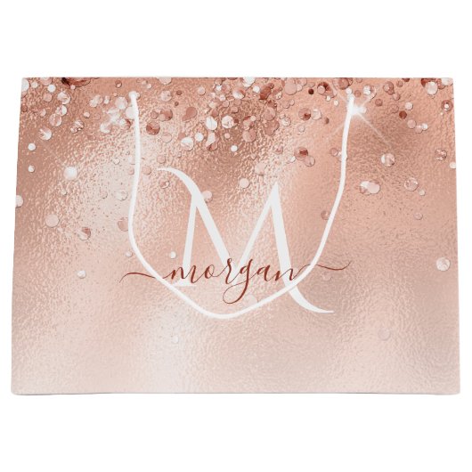 Glitter Peach Roos Gold Monogram Groot Cadeauzakje (Voorkant)