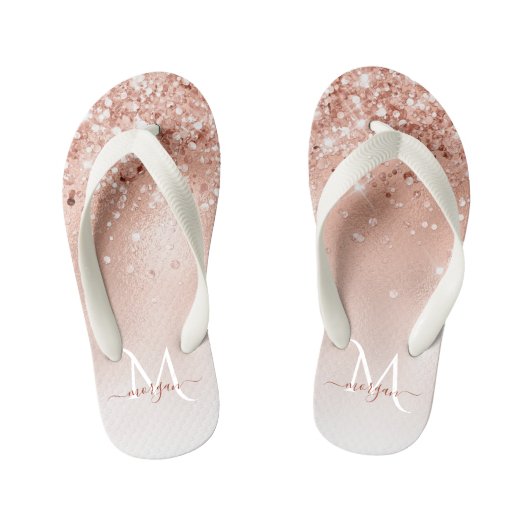 Glitter Peach Roos Gold Monogram Kinder Teenslippers (Voetbed)