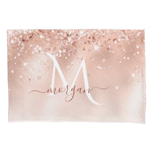 Glitter Peach Roos Gold Monogram Kussensloop (Voorkant)
