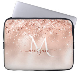 Glitter Peach Roos Gold Monogram Laptop Sleeve