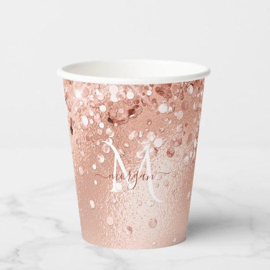 Glitter Peach Roos Gold Monogram Papieren Bekers (Voorkant)