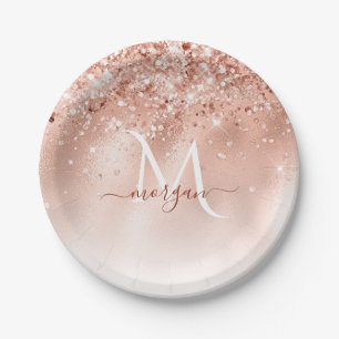 Glitter Peach Roos Gold Monogram Papieren Bordje