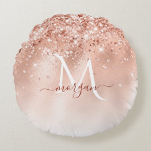 Glitter Peach Roos Gold Monogram Rond Kussen