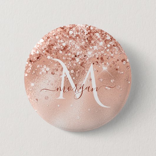 Glitter Peach Roos Gold Monogram Ronde Button 5,7 Cm (Voorkant)