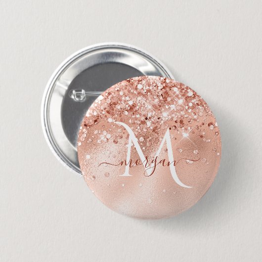 Glitter Peach Roos Gold Monogram Ronde Button 5,7 Cm (Voorkant /achterkant)