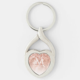 Glitter Peach Roos Gold Monogram Sleutelhanger