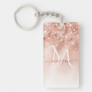 Glitter Peach Roos Gold Monogram Sleutelhanger