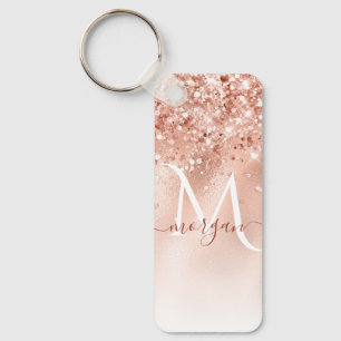 Glitter Peach Roos Gold Monogram Sleutelhanger